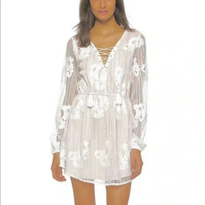 Lovers + Friends White Lace Long Sleeve Mini Dress Lace Up Key Hole Back S